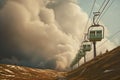 ski lift chairs ascending into a cloudy mountain sky