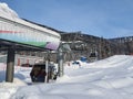 Ski lift with closed cabins. Ascent to the mountains by funicular