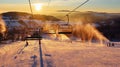 Ski lift empty ropeway on hilghland alpine mountain winter resort on bright sunny evening . Ski chairlift cable way with people Royalty Free Stock Photo