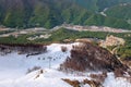 Ski lift of Gorky Gorod mountain ski resort at spring. Sochi, Russia. Scenic landscape Royalty Free Stock Photo