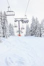 Ski lift in mountain with skies and snowboards people