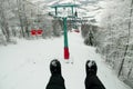 Ski lift ski resort. Winter fun. Family holidays and travel in the mountains. Nature forest landscape Royalty Free Stock Photo