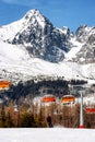 Ski-lift and skier on slope in resort Tatranska Lomnica in High Tatras mountains, Slovakia