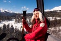 Ski lift, skiing, ski resort - happy skier on ski lift. Royalty Free Stock Photo