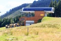 Ski lift and snow cannons at mountain GroÃer Arber in Bavarian Forest, Germany Royalty Free Stock Photo