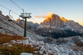 Ski lifts along the ski slope near the Cinque Torri mountains the background Tofane mountain near the famous town of Cortina d`