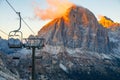 Ski lifts along the ski slope near the Cinque Torri mountains the background Tofane mountain near the famous town of Cortina d`