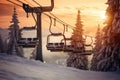 Ski lifts in the mountains at sunset. Beautiful winter landscape, AI Generated