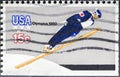 Ski man jumping from a springboard for Olympic Games 1980 - Lake Placid new york, the XIII Olympic Winter Games