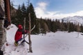 Ski mountaineer in winter, Italian Alps. Skier on snow