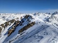 Ski mountaineering on the Fluela Wisshorn in Davos. Ski tour in Grisons mountains with fantastic view. Summit ridge