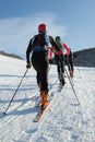 Ski-mountaineers climb the mountain on skis