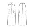 Ski pants technical fashion illustration with low waist, high rise, flap zipper patch pockets, belt loops, full lengths.