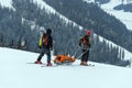 Ski patrol team rescue injured skier with the special emergency sledges in the Carpathian mountains region, Ukraine