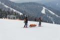 Ski patrol team rescue injured skier with the special emergency sledges in the Carpathian mountains region, Ukraine