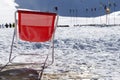 Ski poles in snow. Skiing equipment against snowy mountain in sk Royalty Free Stock Photo