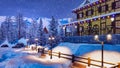 Ski resort in alpine village at snowy winter night Royalty Free Stock Photo