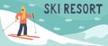 Ski resort banner. Hand drawn skier in the mountains with hand writing lettering.