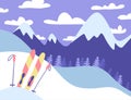 Ski resort banner, panoramic mountains landscape, fir trees forest,colorful skiing with sticks. Flat winter wide illustration