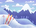 Ski resort banner, panoramic mountains landscape, fir trees forest,colorful skiing with sticks. Flat winter wide illustration