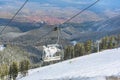 Ski resort Bansko, Bulgaria aerial view, chair lift, slope