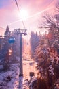 Ski resort Bansko, Bulgaria, ski lift, sunset view