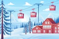 Ski resort with cable car view concept in flat cartoon design.