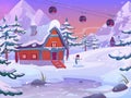 Ski resort. Canada cartoon landscape. Snowy trees. Mountain summits. Skiing ropeway lift. Sky light. Wooden house Royalty Free Stock Photo