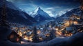 Ski resort in at Christmas night, amazing view of village in lights on mountains background. Landscape with snow, lake and sky in Royalty Free Stock Photo