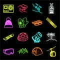 Ski resort and equipment neon icons in set collection for design. Entertainment and recreation vector symbol stock web Royalty Free Stock Photo