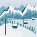 A ski resort with a funicular with cabins. Flat style. Mountain