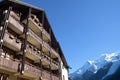 Ski resort hotel, France or Swiss Alps, copy space Royalty Free Stock Photo