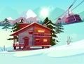 Ski resort with house and lifting funicular cabin