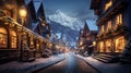 Ski resort houses, mountain village on Christmas in winter at night