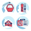 Ski resort icon set. Red cabin lift, Equipment rental, Hotel, mountain shelter, Ski pass.