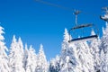 Ski resort image with chair lift and white snow pine trees Royalty Free Stock Photo