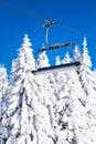 Ski resort image with chair lift and white snow pine trees Royalty Free Stock Photo