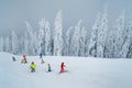 Ski resort with kids skiers on the slope, Transylvania, Romania