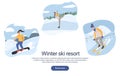 Ski resort landing page concept. Group of people doing winter activities vector flat cartoon illustration Royalty Free Stock Photo