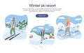 Ski resort landing page concept. Group of people doing winter activities vector flat cartoon illustration Royalty Free Stock Photo