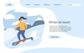 Ski resort landing page concept. Young happy woman snowboarding on snow vector flat cartoon illustration Royalty Free Stock Photo