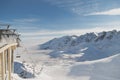 Ski resort. Landscape snowy peaks and valleys for skiing, ski slopes and lifts