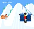 Ski resort with lift, skier, mountains, snow, wooden house. Vector illustration Royalty Free Stock Photo