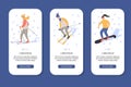 Ski resort mobile app screens with text space. Young people doing winter activities vector flat cartoon illustration. Royalty Free Stock Photo