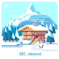 Ski resort mountain detailed landscape with lodge and ski tracks. Winter sports vacation. Flat illustration background.