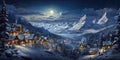 Ski resort in mountains at Christmas night, landscape of village, snow, sky and moon in winter. Theme of travel, stunning view, Royalty Free Stock Photo