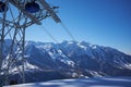 Ski resort panorama with cable car lift cabin. Snow mountain Royalty Free Stock Photo