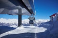 Ski resort panorama with cable car lift cabin. Snow mountain