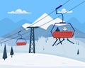 Ski resort with people, lift and winter mountains landscape.