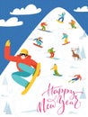 Ski resort poster with high mountain and people doing winter sports.
